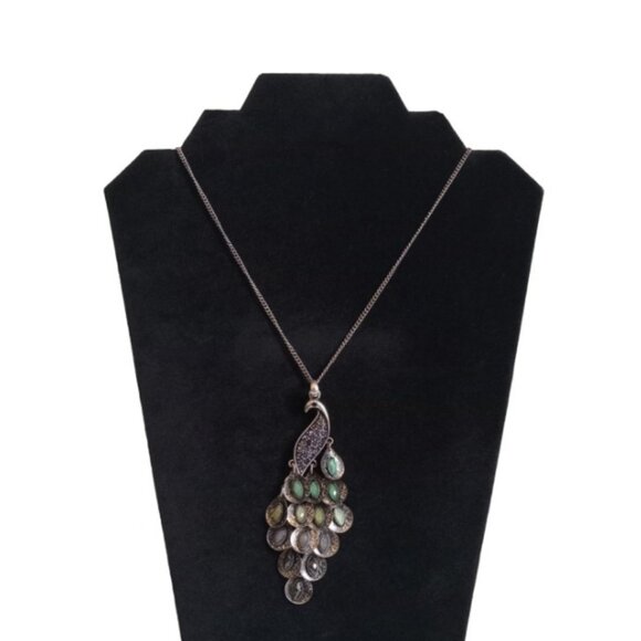 Fashion Jewelry Jewelry - Long Silver Toned and Multicolored Rhinestone Encrusted Peacock Pendant Necklace